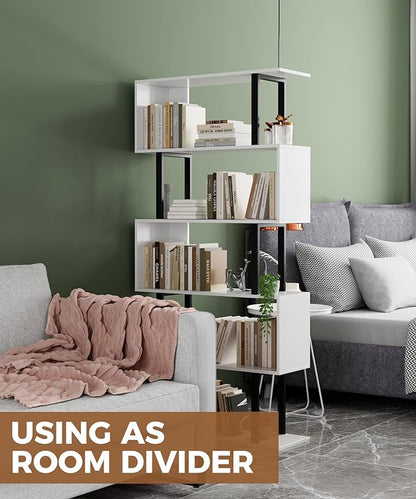 5 Tier Geometric Bookcase, S Shaped Bookshelf, Wood Decorative Storage Shelving - Image 5