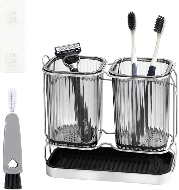 2-Pack Grey Toothbrush Holders, Wall Mounted or Countertop Toothbrush Holders by RISESAILS
