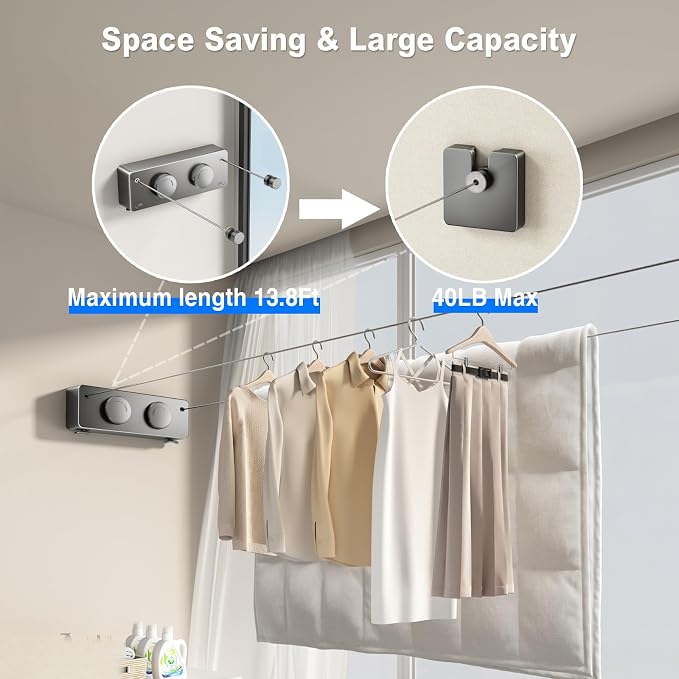 Retractable Clothesline Indoor, Non-Sagging Twin Clothes Line Retracting - Image 2
