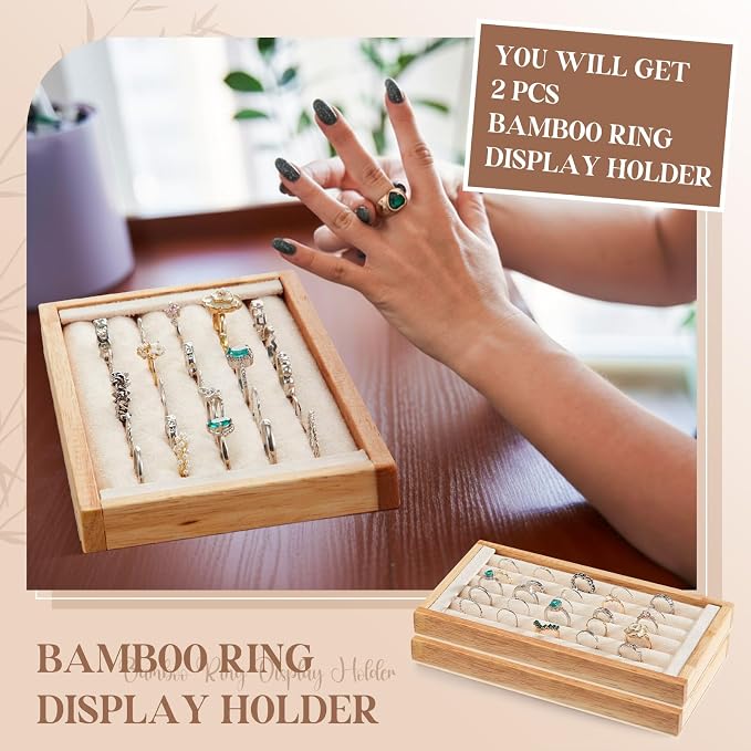 Novabright 2 Pcs Bamboo Ring Holder Bamboo Ring Display Stand 5 Slot Rings - Image 3