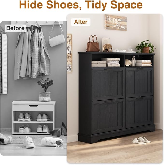 Shoe Storage Cabinet with 4 Flip Drawers, Farmhouse Modern Hidden Shoes Rack - Image 4