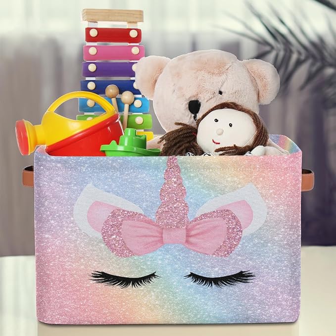 Pardick Unicorn Face Pink Basket Storage Bins Large Fabric Toys Storage Cube Box - Image 3