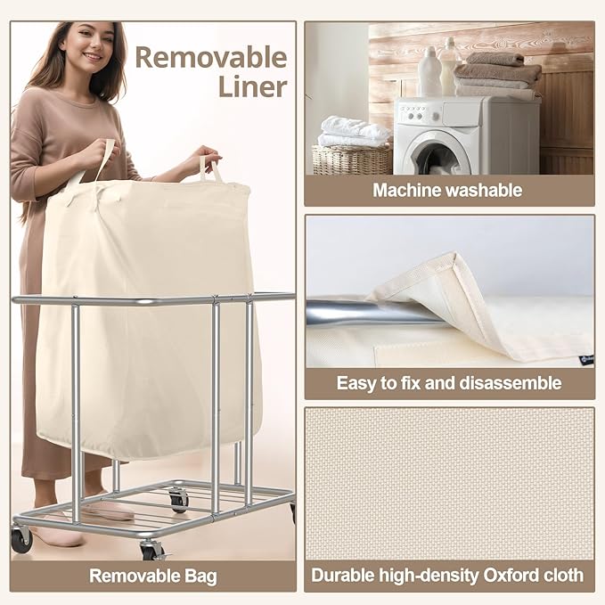 Hodonas 230L Rolling Laundry Hamper, 2-Section Laundry Basket - Image 4