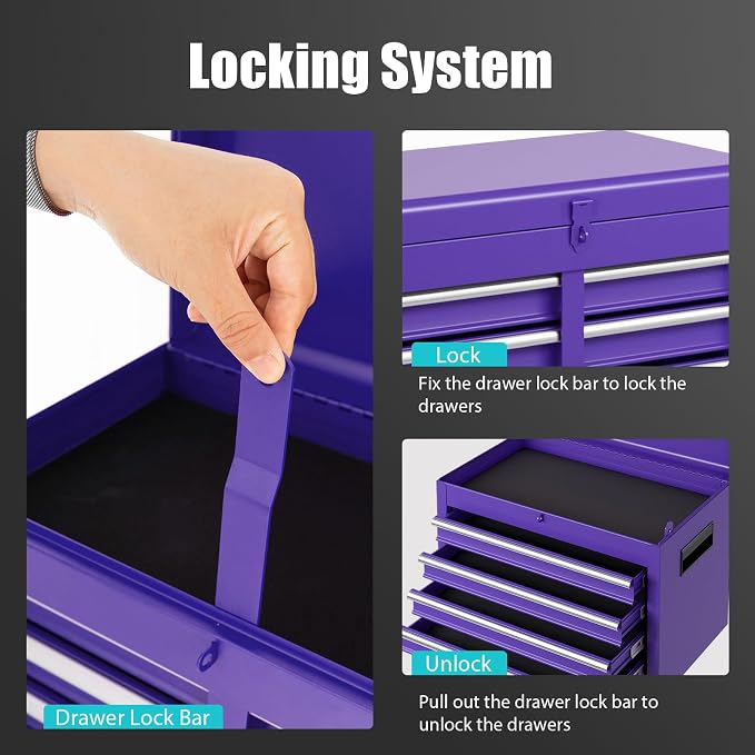 Goplus Purple Tool Chest, 5 Drawers Rolling Tool Cabinet w/Detachable Top - Image 6