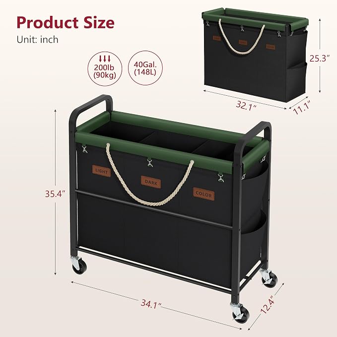 Tajsoon 148L Large Laundry Sorter 3 Section, Laundry Hamper - Image 8