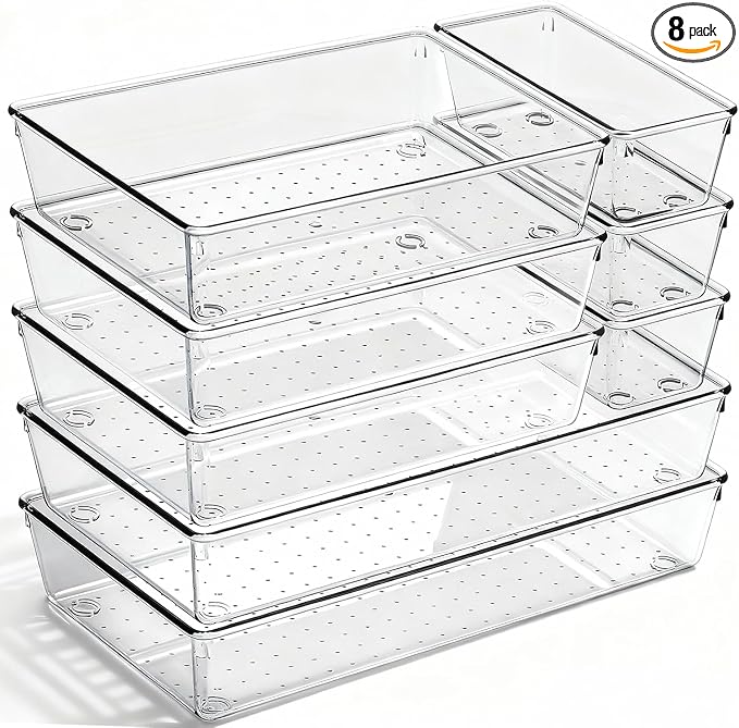 8 Pack Large Clear Plastic Drawer Organizer Bins by CHOWAY
