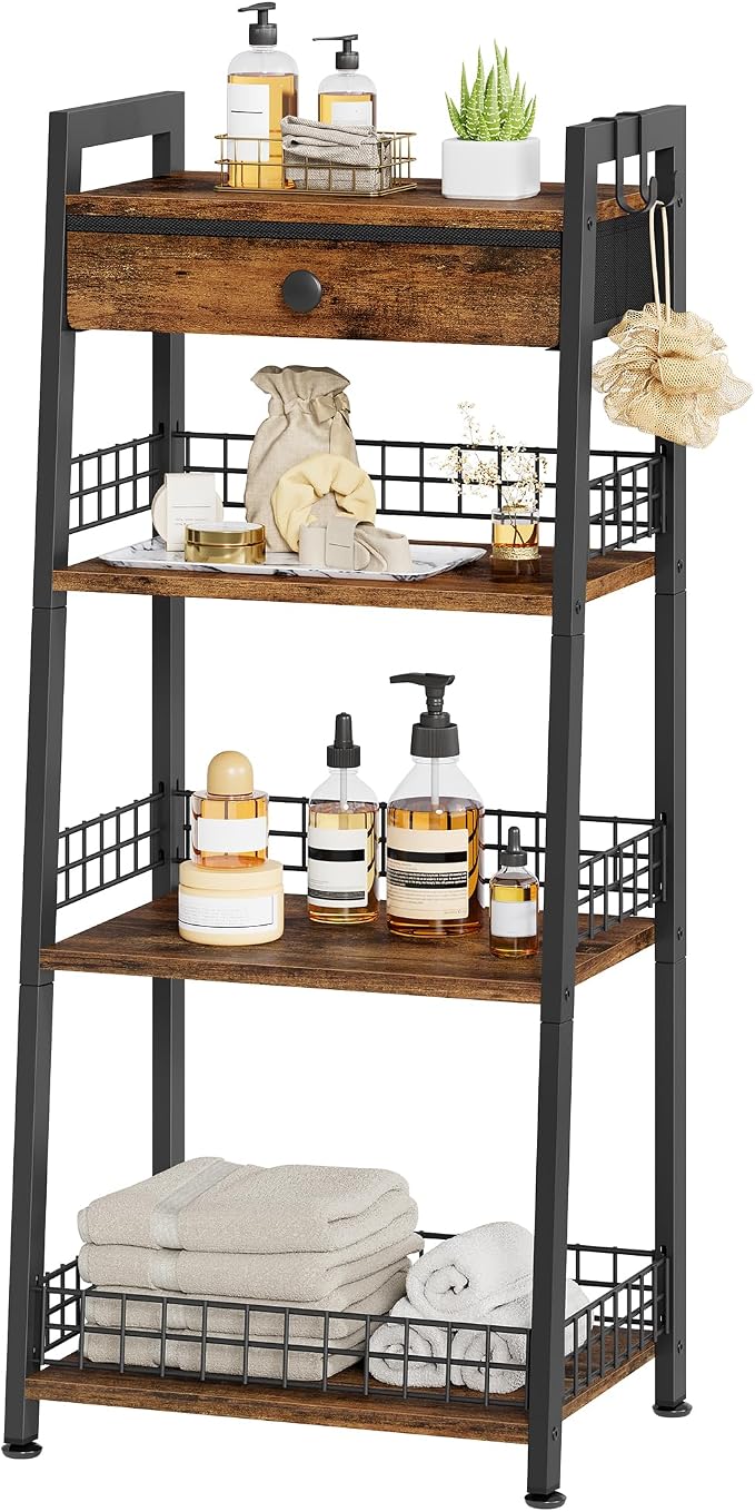 4-Tier Ladder Shelf with Drawer, Bathroom Stand Floor Storage Shelf, by Gewudraw