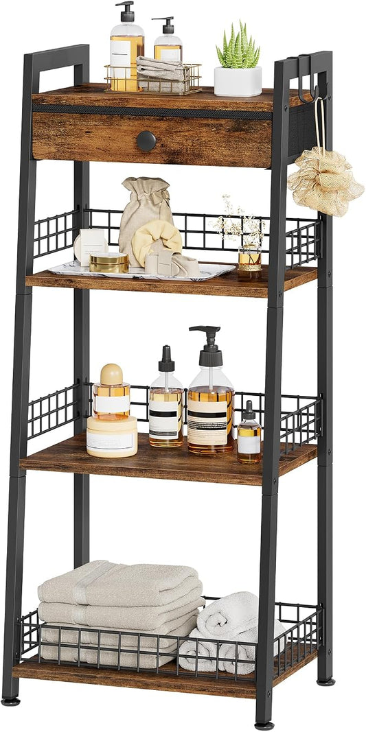 4-Tier Ladder Shelf with Drawer, Bathroom Stand Floor Storage Shelf, by Gewudraw