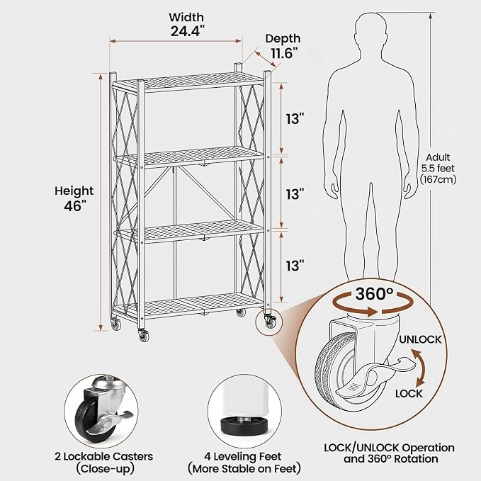 ALANNG 4 Tier Folding Storage Shelf on Wheels, Heavy Duty Metal Rolling Cart | - Image 2