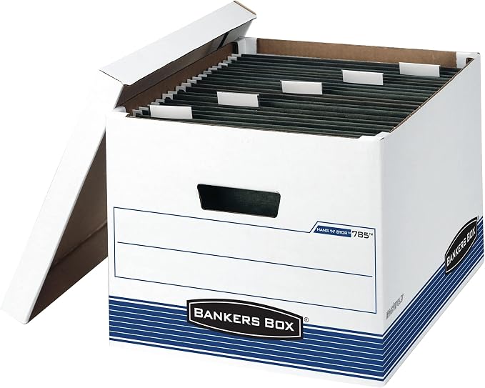 Bankers Box 4-Pack HANG'N'STOR Medium-Duty File Box, Letter/Legal, FastFold | by BankersBox