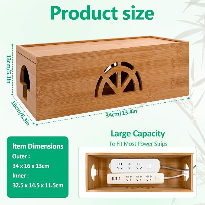 Bamboo Cable Management Box, Extra Large Cord Organizer Box, Power Strips Hider - Image 2