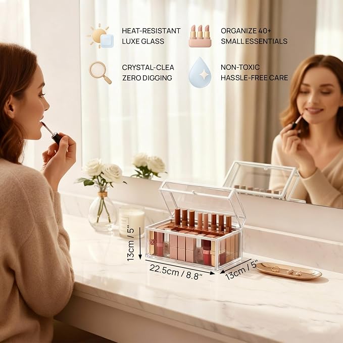 40 Lipsticks Organizer with Lid, Glass Display Box Fits Large Perfume & Skincare - Image 7