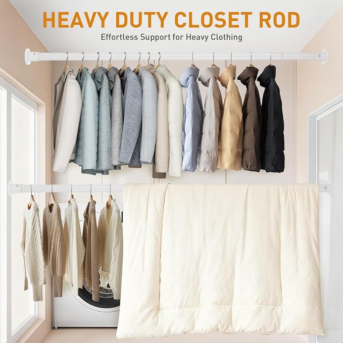 White Adjustable Closet Rod 18-63 Inches, Heavy Duty Metal Clothes Hanging Rod - Image 3