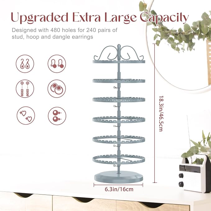 MODOWEY 6 Tier Rotating Earring Holder Organizer Stand, Adjustable Metal - Image 2