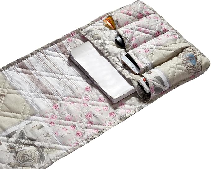 Brilliant Sunshine Grey Cupid and Pink Rose Patchwork Sofa Armrest 5 Pockets - Image 5