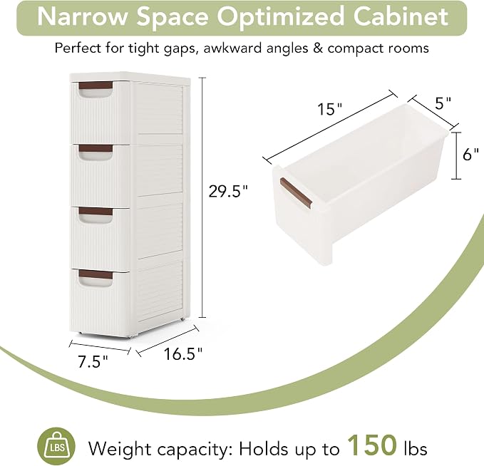 4 Drawers Narrow Bathroom Storage Cabinet, Slim Storage Cabinet, Plastic Slim - Image 2