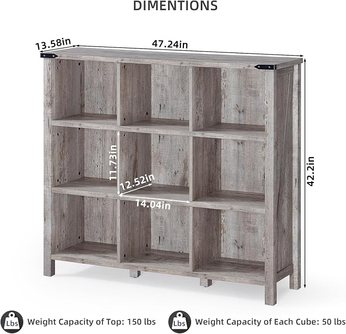 9 Cube Bookcase, Farmhouse 47 Inch Wide Grey Oak Bookshelf, Wooden 3 Tier - Image 3