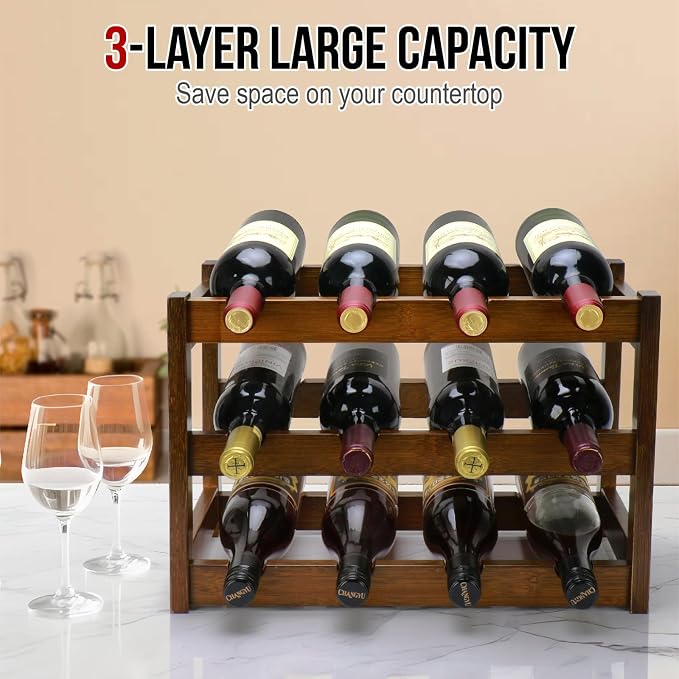 Bamboo Wine Rack, 3-Tier 12 Bottles Wine Storage Cabinet Shelf, Easy-Assembly - Image 5