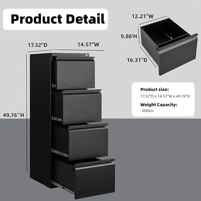 Metal File Cabinet with Lock, Vertical 4 Drawer File Cabinets - Image 2