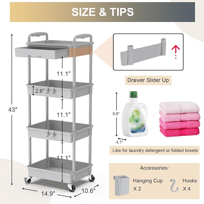 Goovilla 4 Tier Rolling Utility Cart Organizer - Image 4