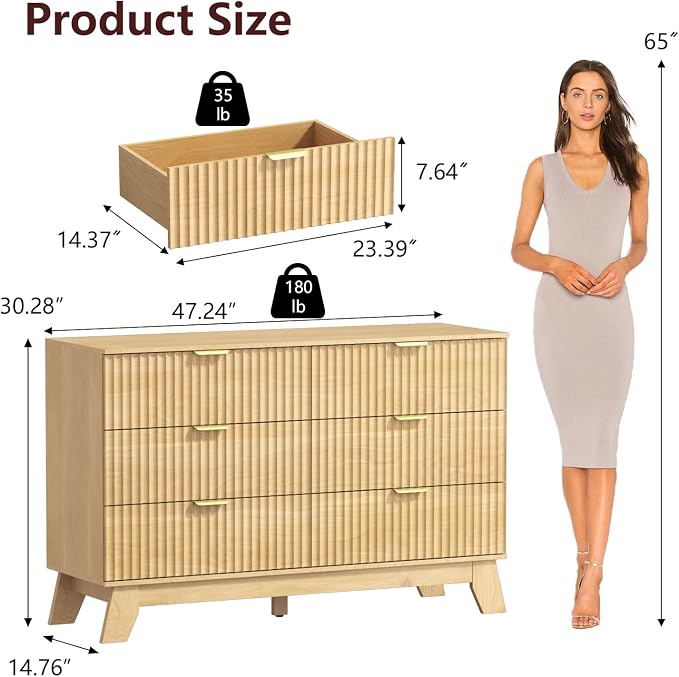 Fluted Dresser for Bedroom, 6 Drawer Dresser for Closet, TV Stand, Storage - Image 2