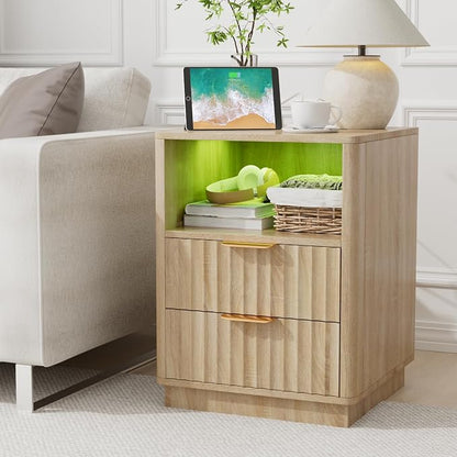 VOWNER Fluted Nightstand with Charging Station, 18” RGB Night Stand with 2 by VOWNER