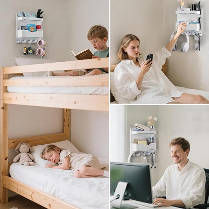 Bedside Wall Shelf with Glasses Hooks, Adhesive Bedside Organizer Wall Mount - Image 7