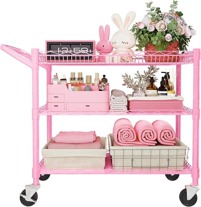 YNN Pink Rolling Cart, 990Lbs 3 Tier Heavy Duty Metal Cart by YNN