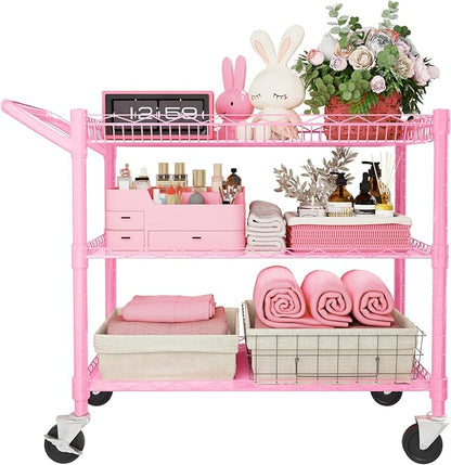 YNN Pink Rolling Cart, 990Lbs 3 Tier Heavy Duty Metal Cart by YNN