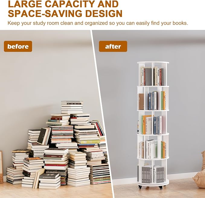 5 Tier Rotating Bookshelf Tower, 360° Rotating Bookshelf - Image 5