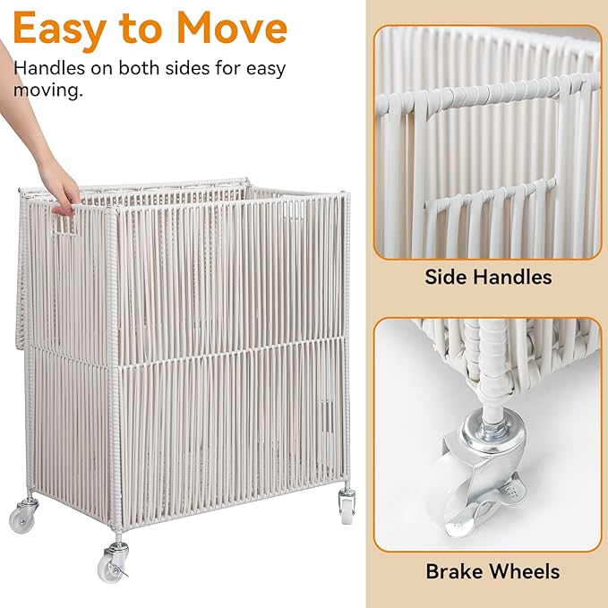 WOWLIVE Laundry Hamper with Wheels, Handwoven Rolling Laundry Basket with Lid - Image 6