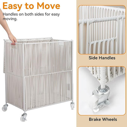 WOWLIVE Laundry Hamper with Wheels, Handwoven Rolling Laundry Basket with Lid - Image 6