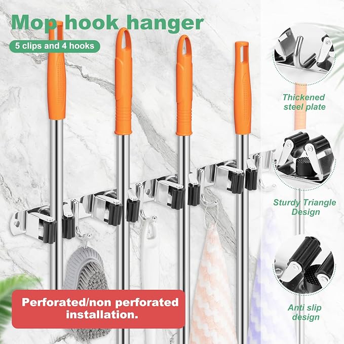 5 Pack Broom Holder Wall Mount 5 Racks 4 Hooks Stainless Steel Broom Mop Holder - Image 7