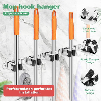 5 Pack Broom Holder Wall Mount 5 Racks 4 Hooks Stainless Steel Broom Mop Holder - Image 7