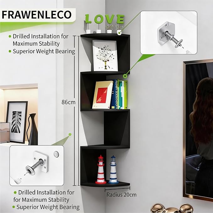 5-Tier Corner Shelf Wall Mount, Screw-Mounted Floating Bookshelf - Image 4