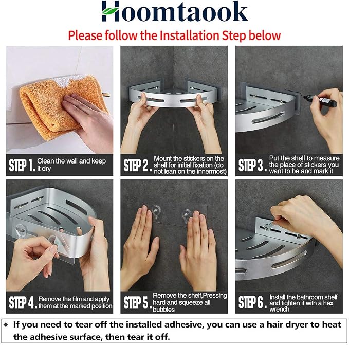 Hoomtaook Corner Caddy Bathroom Shower Shelf Wall Mounted No Drilling 2 Tier - Image 4