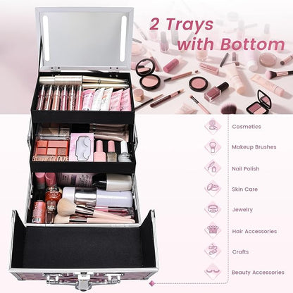 Makeup Case with Lighted Mirror Travel Makeup Organizer Box 2 Trays Lockable - Image 2