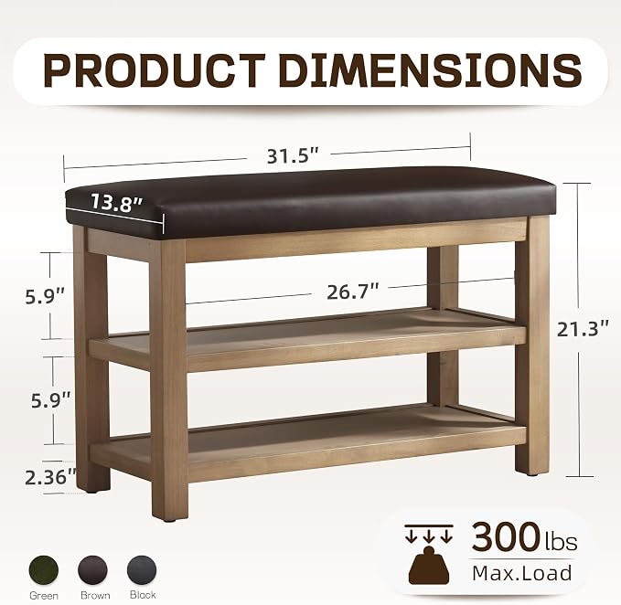 Zihanhome Shoe Rack Bench with Leather Cushion, 2 Tier Solid Wood Storage Bench - Image 2
