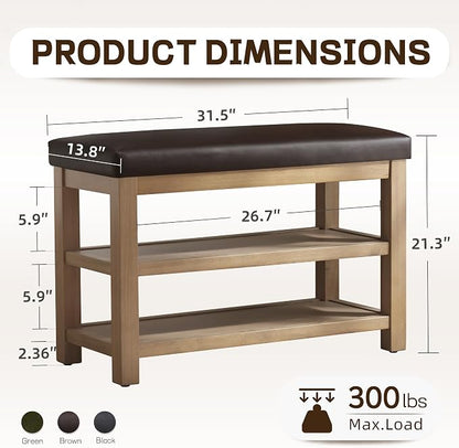 Zihanhome Shoe Rack Bench with Leather Cushion, 2 Tier Solid Wood Storage Bench - Image 2