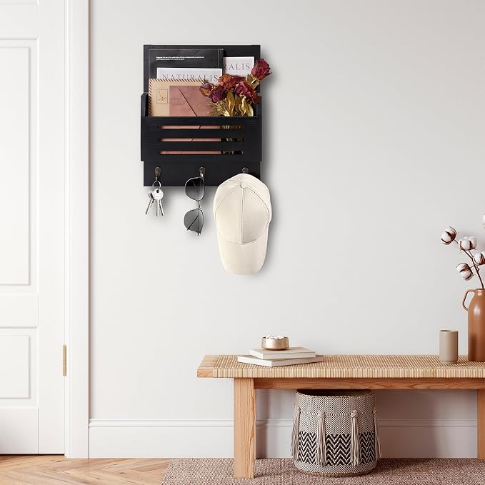 Key and Mail Holder Wall Mount, 2-Slot Wooden Mail Organizer | Decorative - Image 2