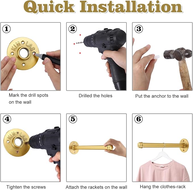 BTSKY 6 Pack Clothes Rack with Screws, 12 Inch Metal Industrial Pipe Clothes Bar - Image 7