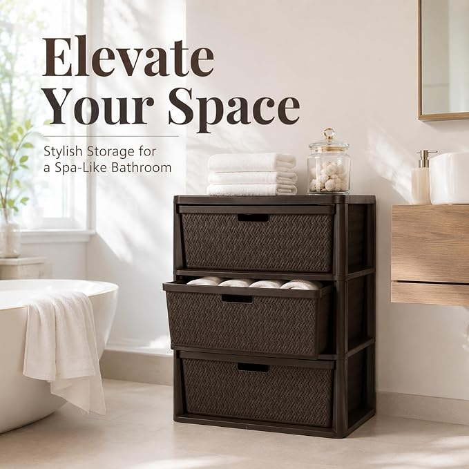 Wide 3-Drawer Plastic Storage Tower, Cross-Weave Floor Cabinet, tool-free - Image 5
