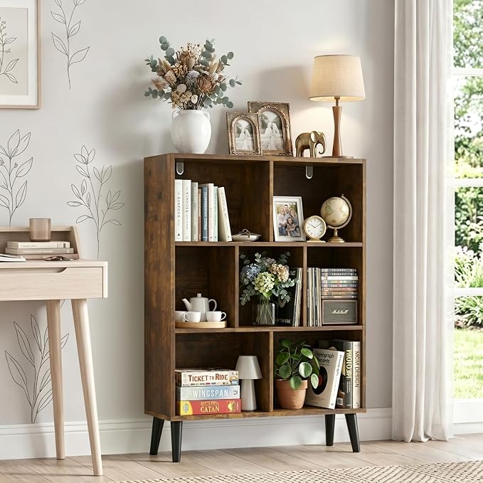 7 Cube Bookshelf, 3 Tier Mid-Century Modern Bookcase - Image 6