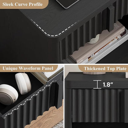 Fluted Nightstand with Charging Station, 23.6" End Table with Solid Wood Handle - Image 6