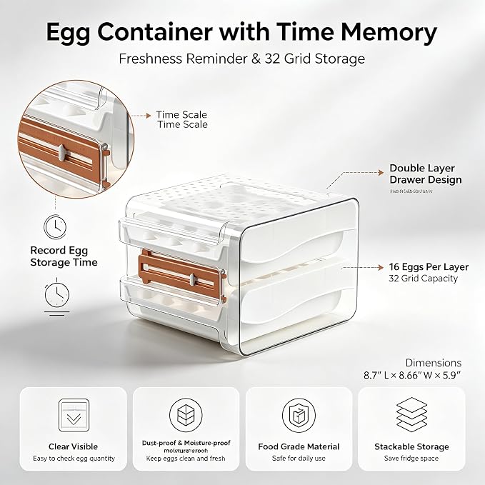 Sooyee Egg Holder for Fridge, 2 Drawers 32 Eggs Organizer for Refrigerator - Image 6
