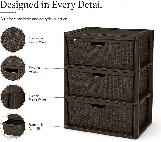 3 Drawer Wide Storage Tower, Cross-Weave Plastic, Espresso Brown | Tool-Free - Image 3