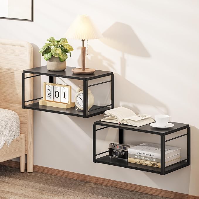 Floating Nightstand Set of 2, Wood Bedside Shelf Wall Mounted Nightstand by NANAGIFTREE