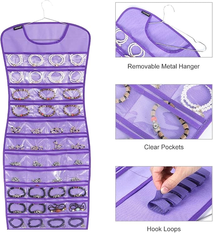 Hanging Jewelry Organizer Dual Sided 84 Clear Pockets and 6 Hook Loops Storage - Image 6