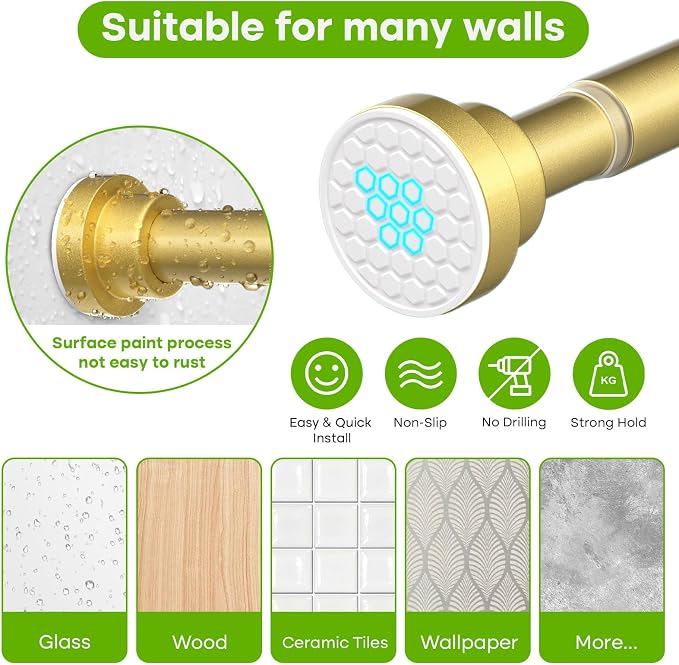 Tension Curtain Rod for Windows 28-48 Inch Curtain Rods No Drilling Gold - Image 5
