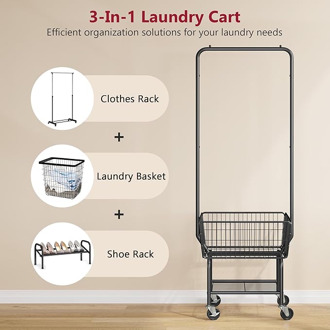 Tajsoon Laundry Cart with Hanging Rack, Metal Laundry Basket with Wheels - Image 3